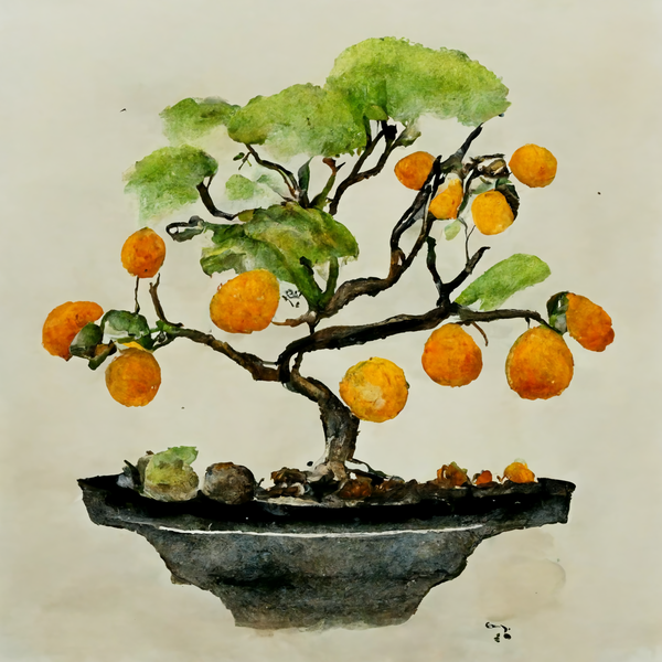 An image of Bonsai Tree with Oranges, Japanese Watercolor