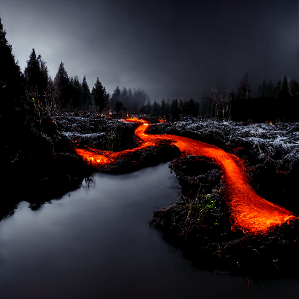 Image of River of Lava Flowing Through a Forest at Night