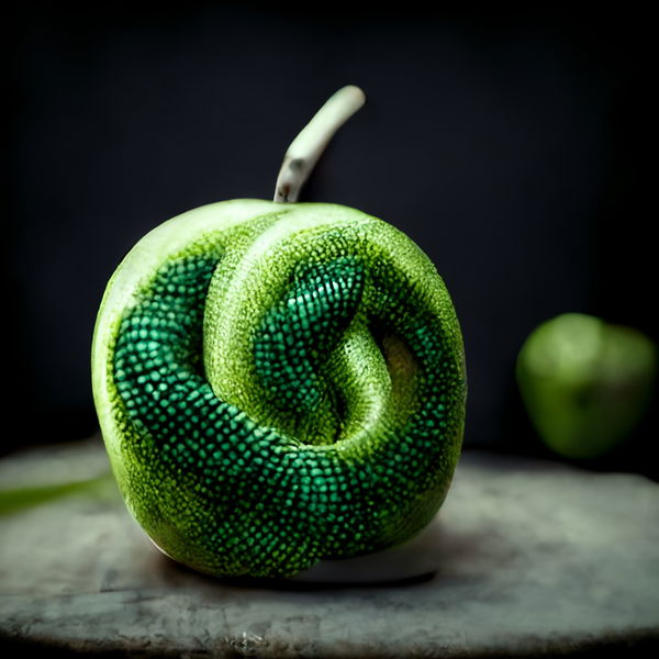 Image of Snake Coiled Around a Green Apple